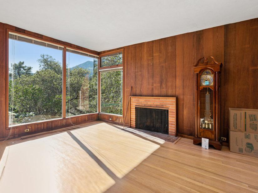 Fireplace and wood paneling